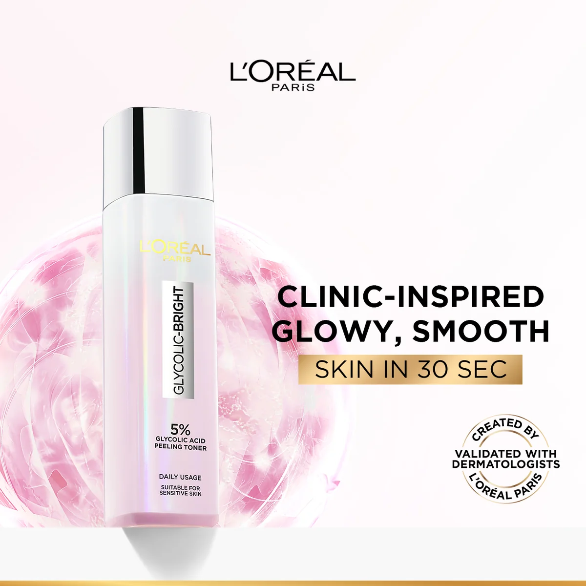 Glycolic-Bright Glowing Peeling Toner, with 5% Glycolic Acid, for Brightening, Dark Spots Reduction and Skin Tone Evening